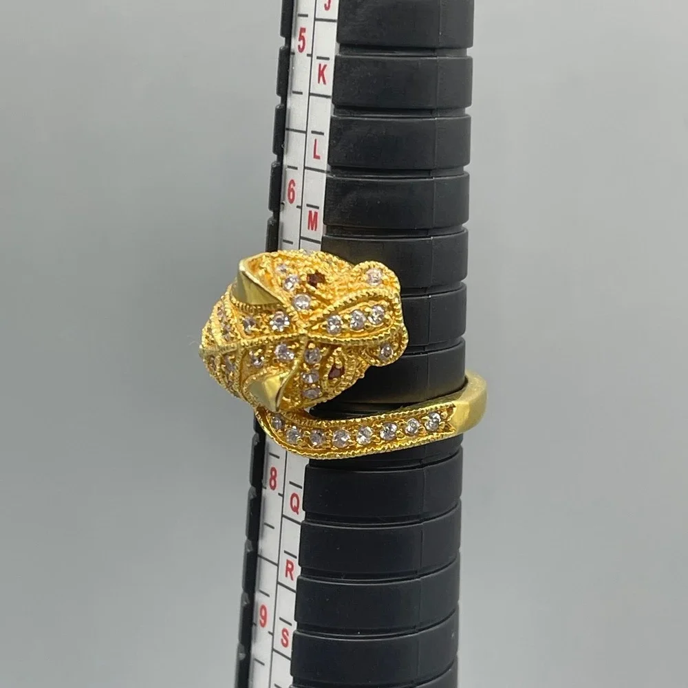 Gold Tone Panther Head Bypass Ring Red Eyes Clear Crystals‎ Statement Size 7.25